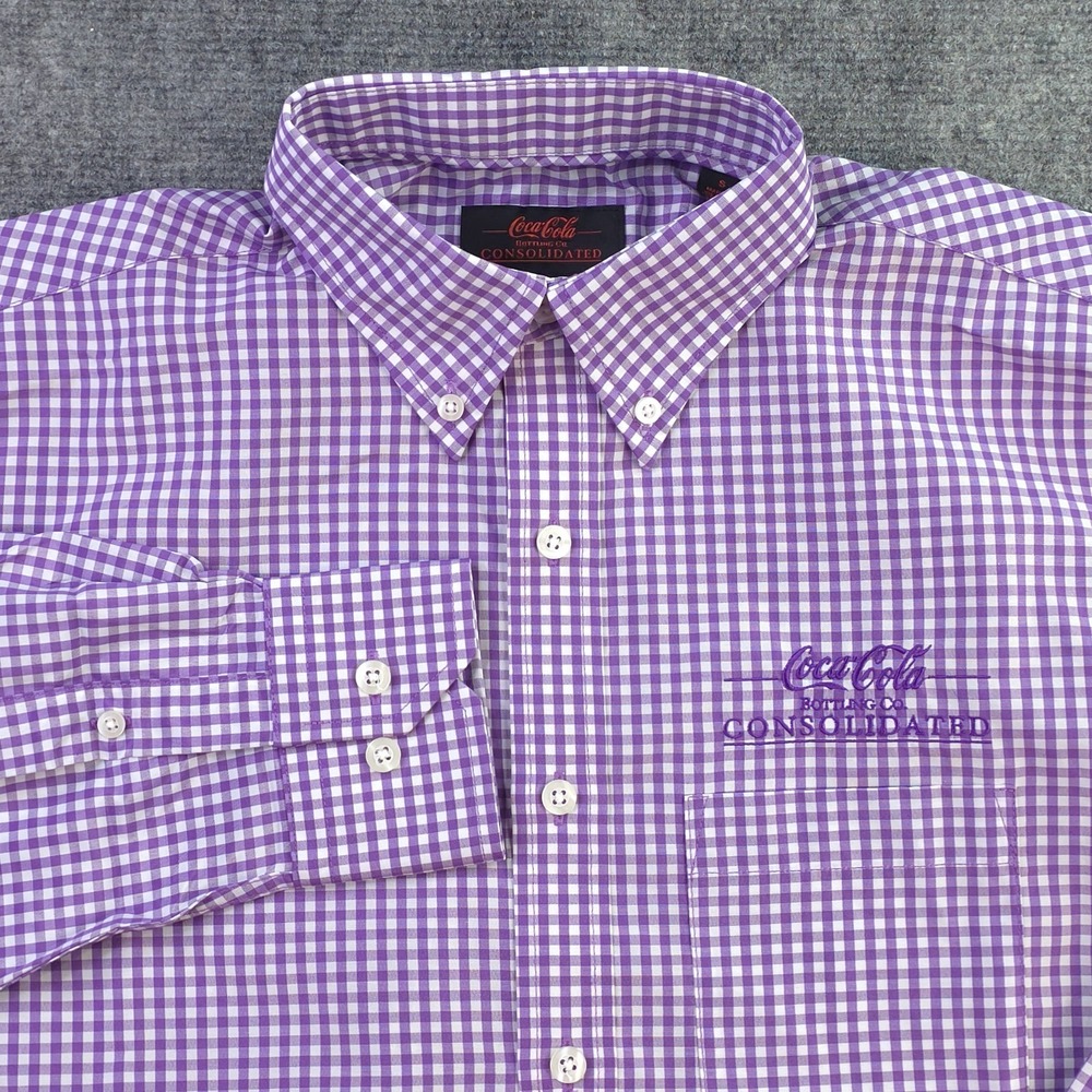 Coca Cola Consolidated Shirt Small Purple Check Long‎ Sleeve Button Down Poly